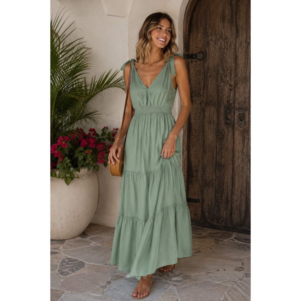 PrettyGarden Womens L Sage Green Tiered Maxi Dress Smocked Boho Cottagecore